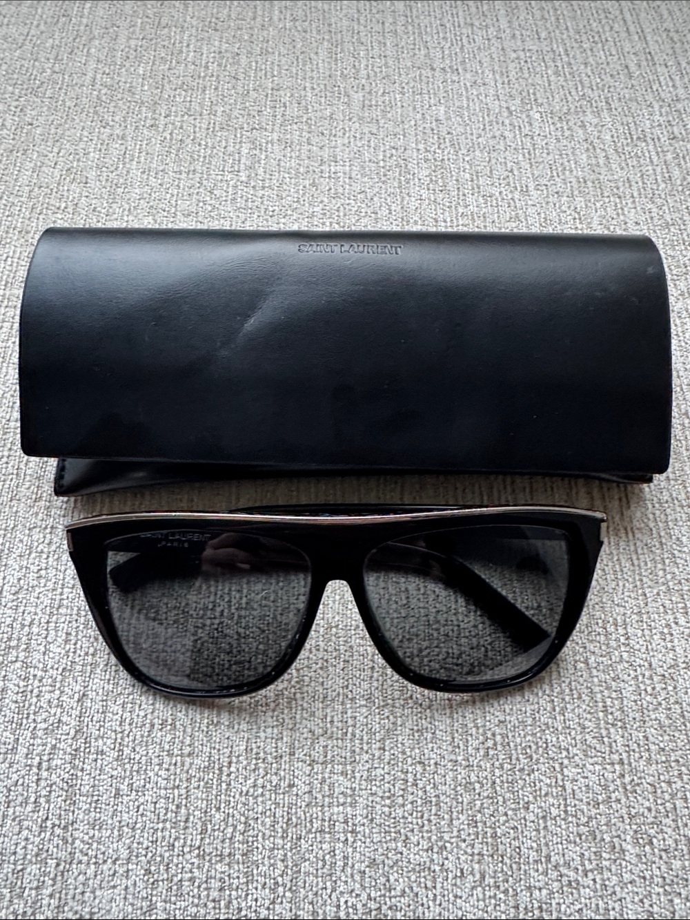 Men's Saint Laurent Black Leather Sunglasses Case with Black Sunglasses